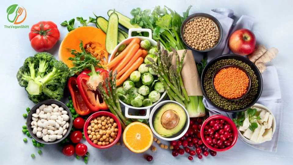vegetables, fruits, beans are part of a vegan diet